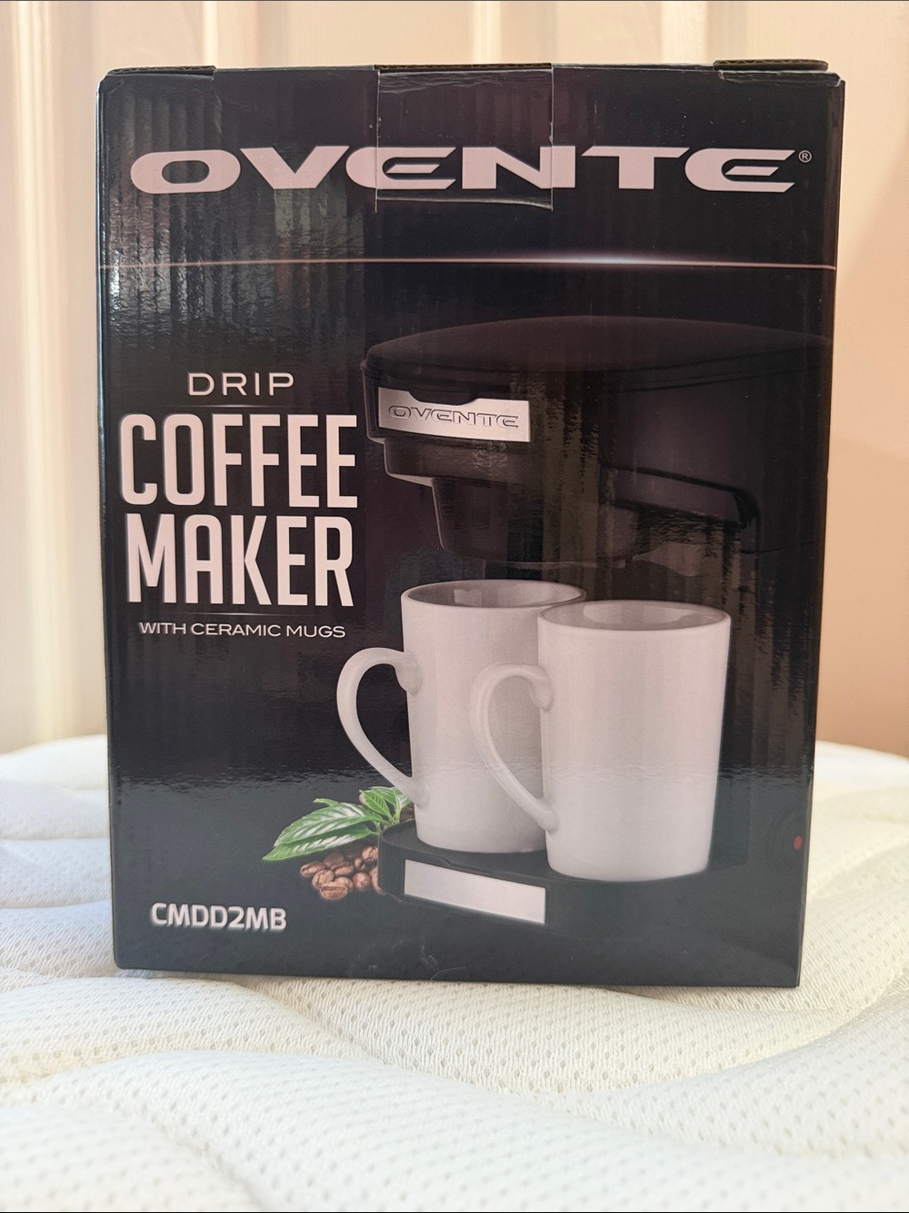 Ovente Black Drip Coffee Maker with White Ceramic Mugs